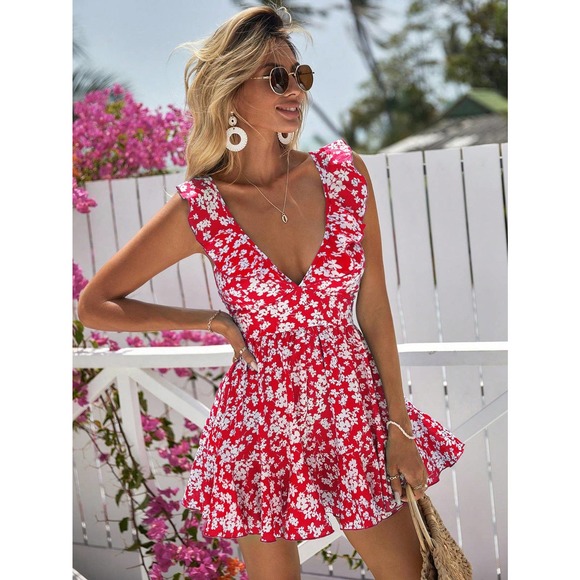 Boho Allover Floral Print Ruffle Trim Romper - Picture 4 of 12